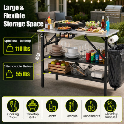 Station de cuisson extérieure pliable avec étagères, noire