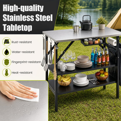 Station de cuisson extérieure pliable avec étagères, noire