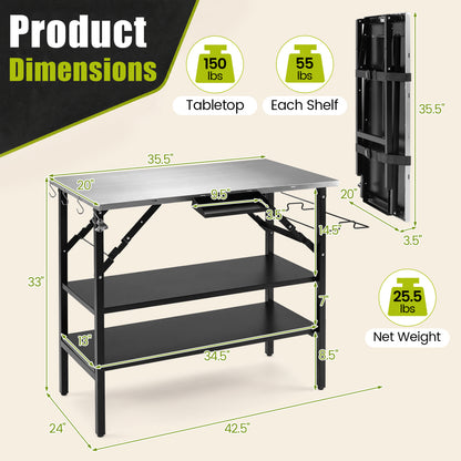Station de cuisson extérieure pliable avec étagères, noire