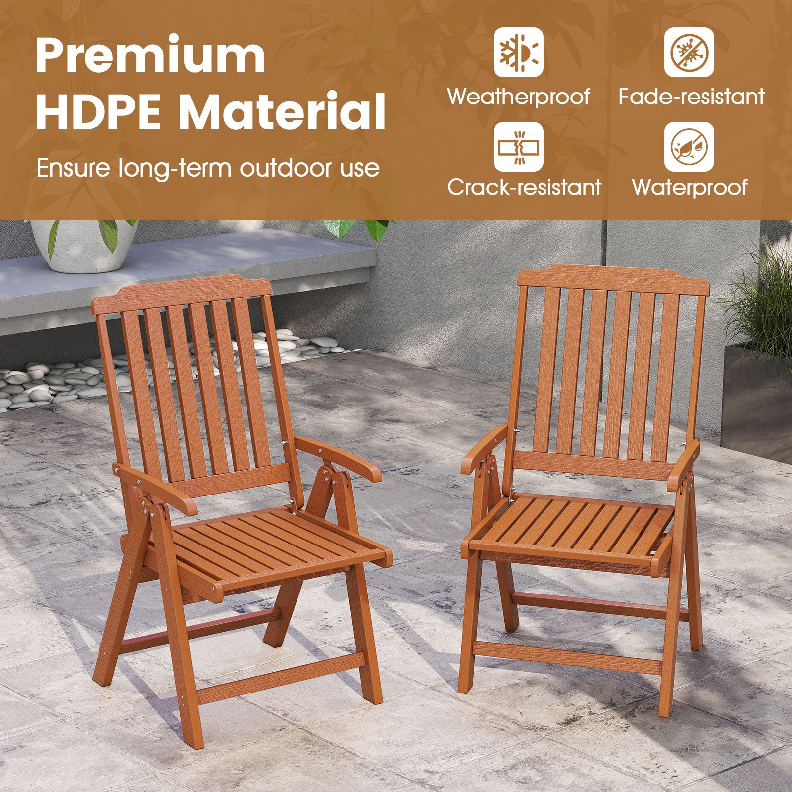 Foldable Patio Chair All-Weather HDPE Outdoor Dining Chair with Armrest, Brown Patio Dining Chairs at Gallery Canada