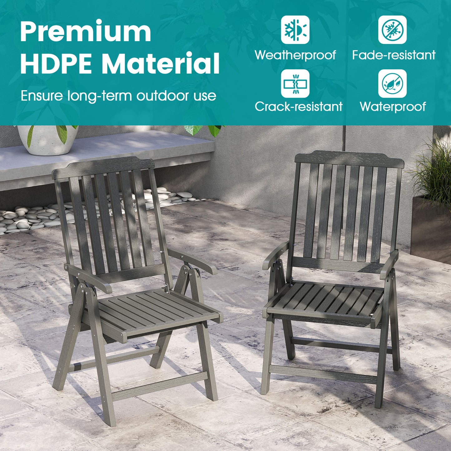 Foldable Patio Chair All-Weather HDPE Outdoor Dining Chair with Armrest, Gray Patio Dining Chairs at Gallery Canada
