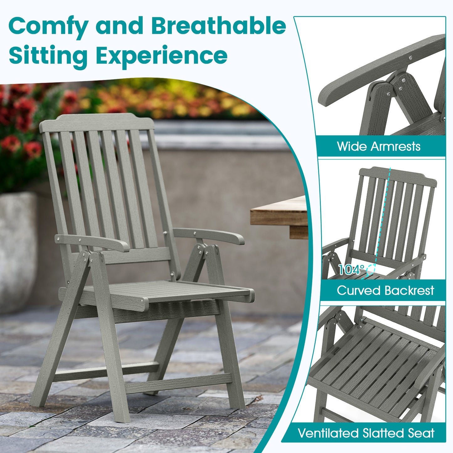 Foldable Patio Chair All-Weather HDPE Outdoor Dining Chair with Armrest, Gray Patio Dining Chairs at Gallery Canada