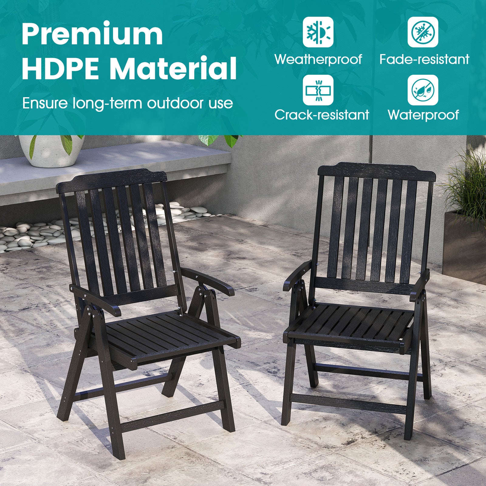 Foldable Patio Chair All-Weather HDPE Outdoor Dining Chair with Armrest, Black Patio Dining Chairs at Gallery Canada