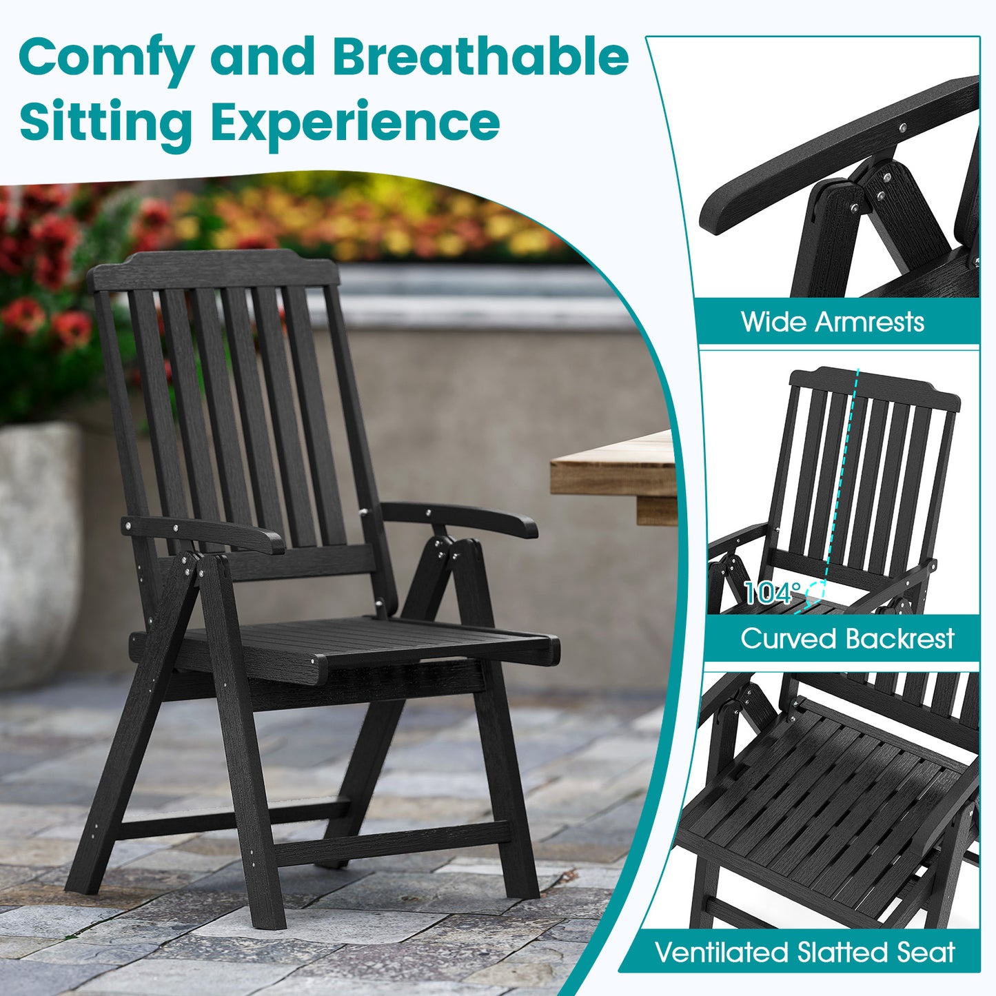 Foldable Patio Chair All-Weather HDPE Outdoor Dining Chair with Armrest, Black Patio Dining Chairs at Gallery Canada