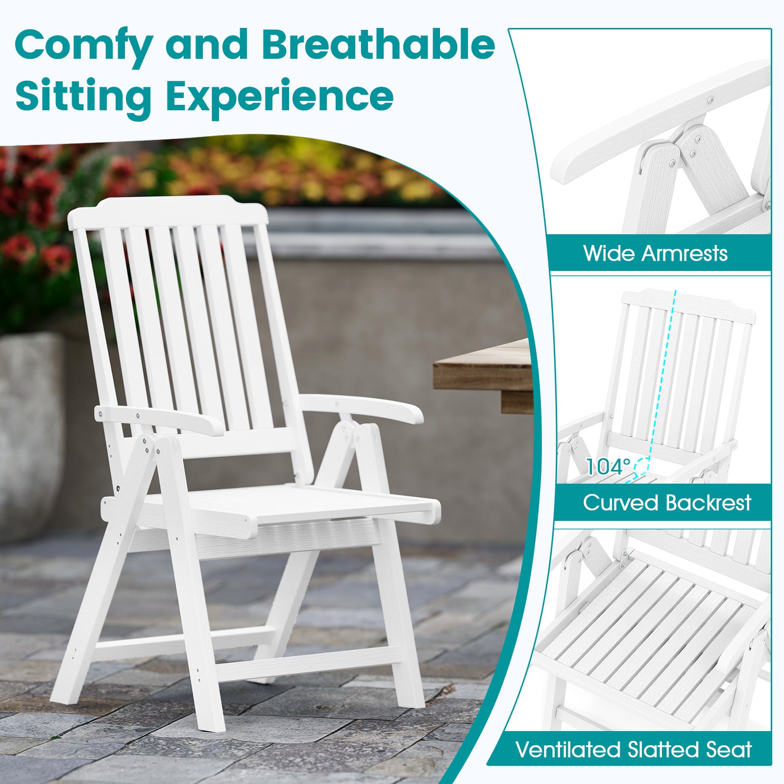 Foldable Patio Chair All-Weather HDPE Outdoor Dining Chair with Armrest, White Patio Dining Chairs at Gallery Canada
