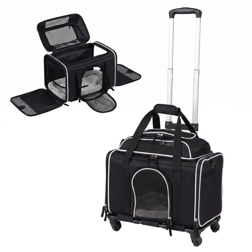 Foldable Pet Carrier with Wheels Airline Approved Rolling Cat and Dog Carrier, Black