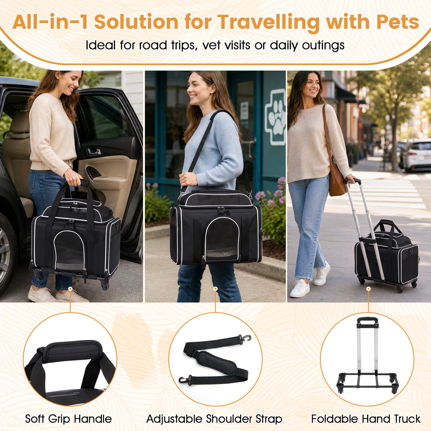 Foldable Pet Carrier with Wheels Airline Approved Rolling Cat and Dog Carrier, Black Pets at Gallery Canada