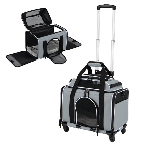 Foldable Pet Carrier with Wheels Airline Approved Rolling Cat and Dog Carrier-Grey, Gray