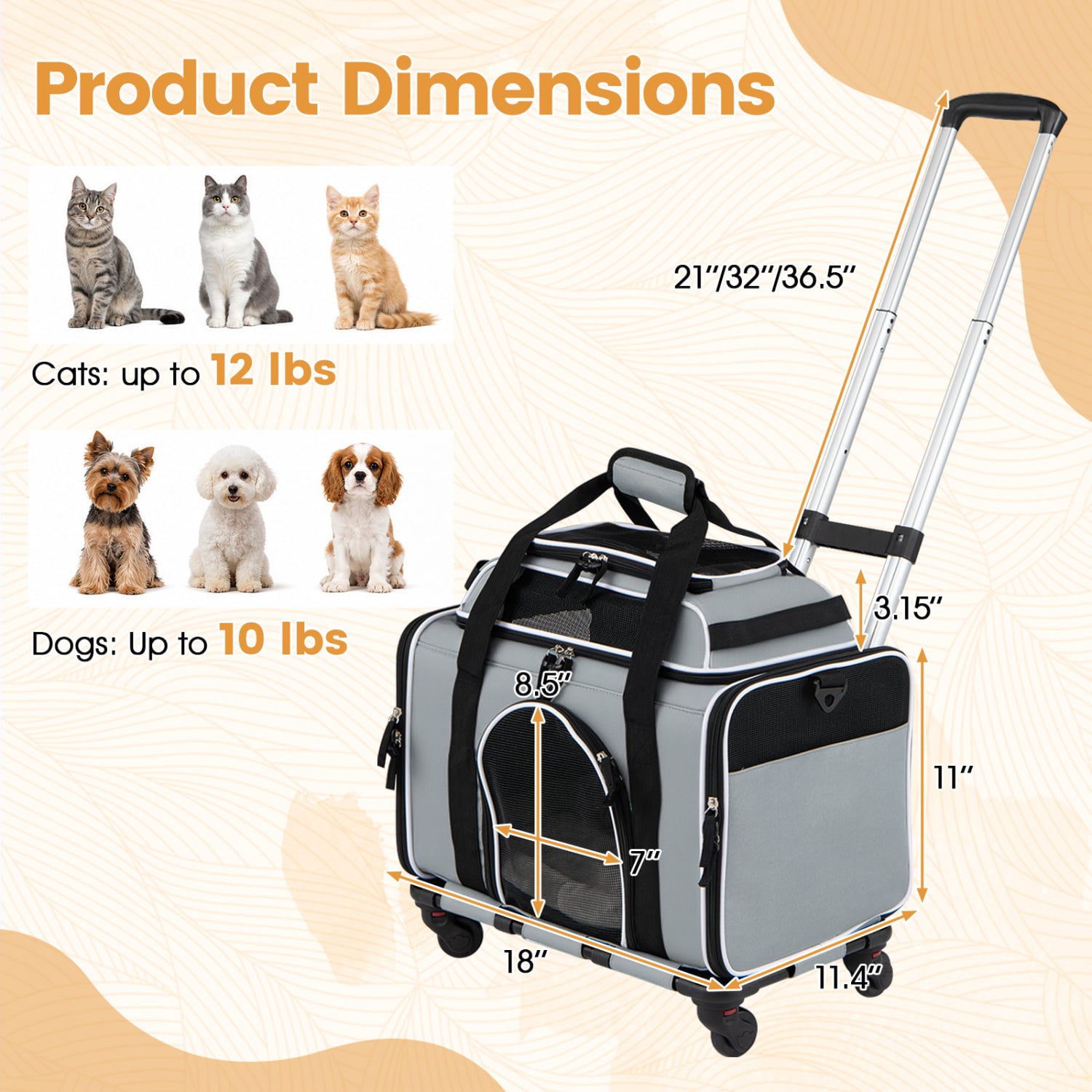Foldable Pet Carrier with Wheels Airline Approved Rolling Cat and Dog Carrier-Grey, Gray Pets at Gallery Canada