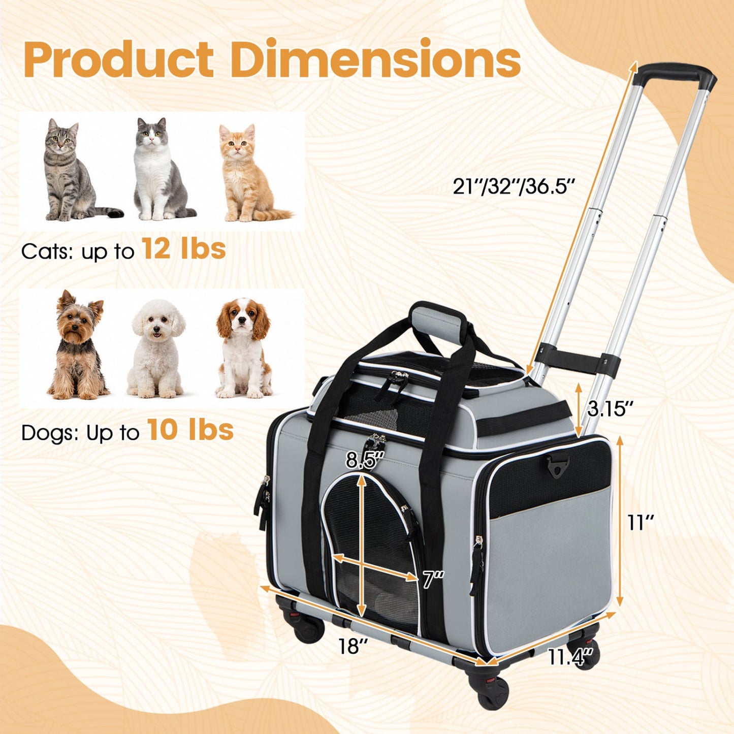 Foldable Pet Carrier with Wheels Airline Approved Rolling Cat and Dog Carrier-Grey, Gray Pets at Gallery Canada