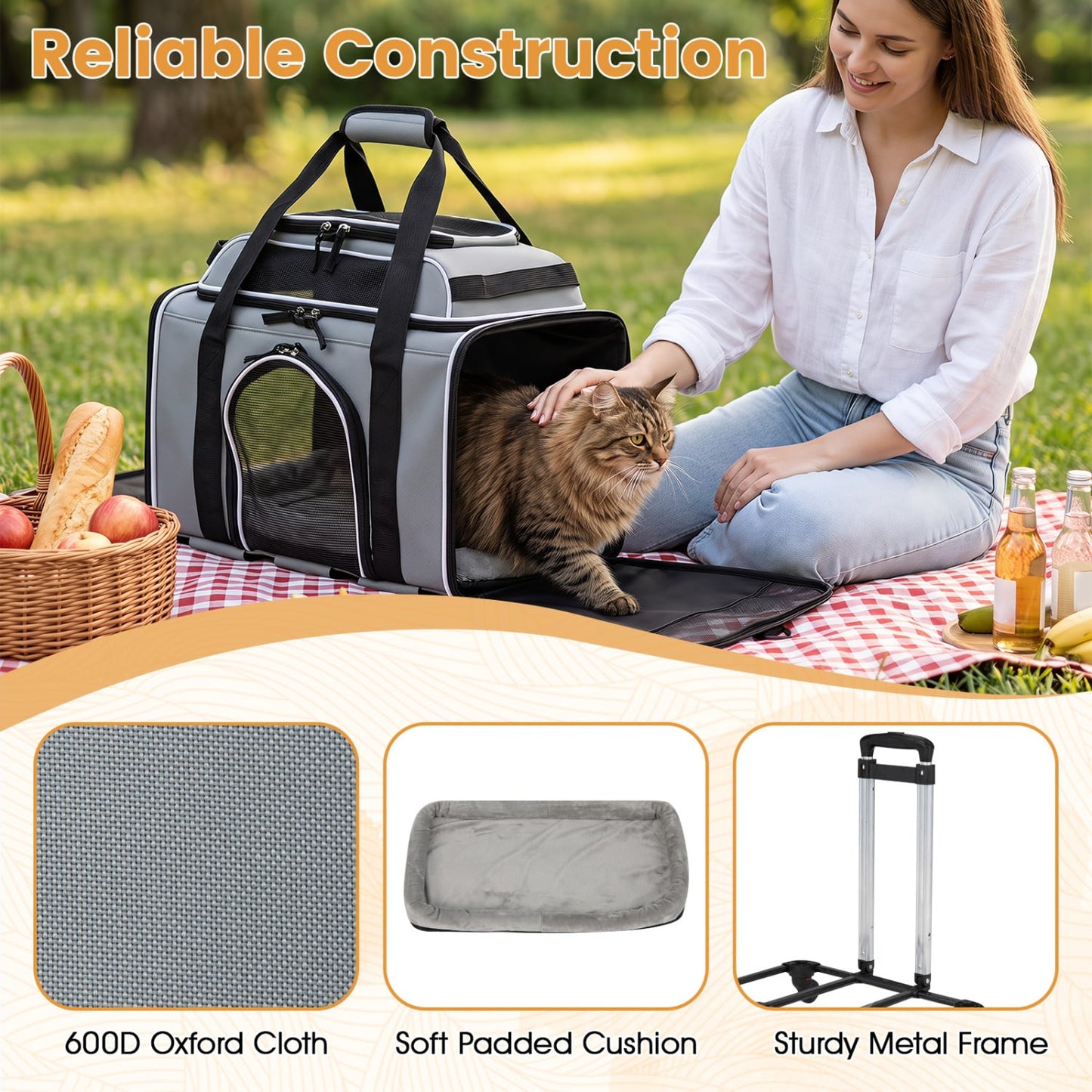 Foldable Pet Carrier with Wheels Airline Approved Rolling Cat and Dog Carrier-Grey, Gray Pets at Gallery Canada