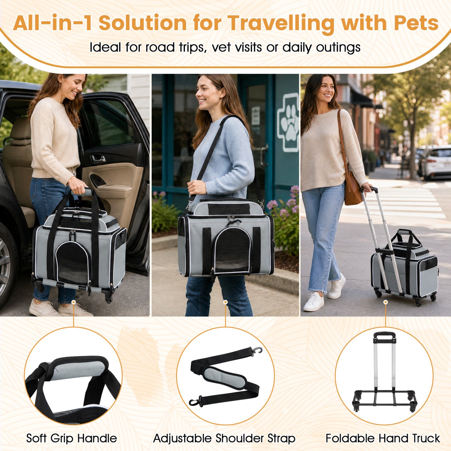 Foldable Pet Carrier with Wheels Airline Approved Rolling Cat and Dog Carrier-Grey, Gray Pets at Gallery Canada