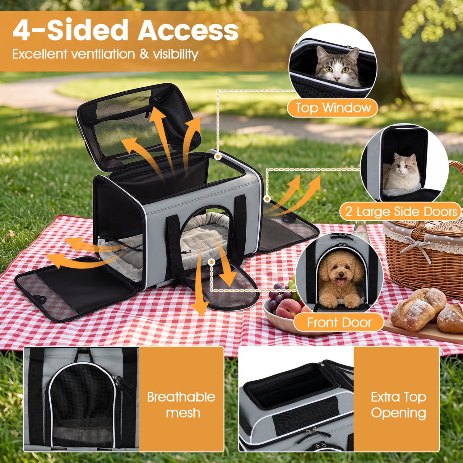 Foldable Pet Carrier with Wheels Airline Approved Rolling Cat and Dog Carrier-Grey, Gray Pets at Gallery Canada