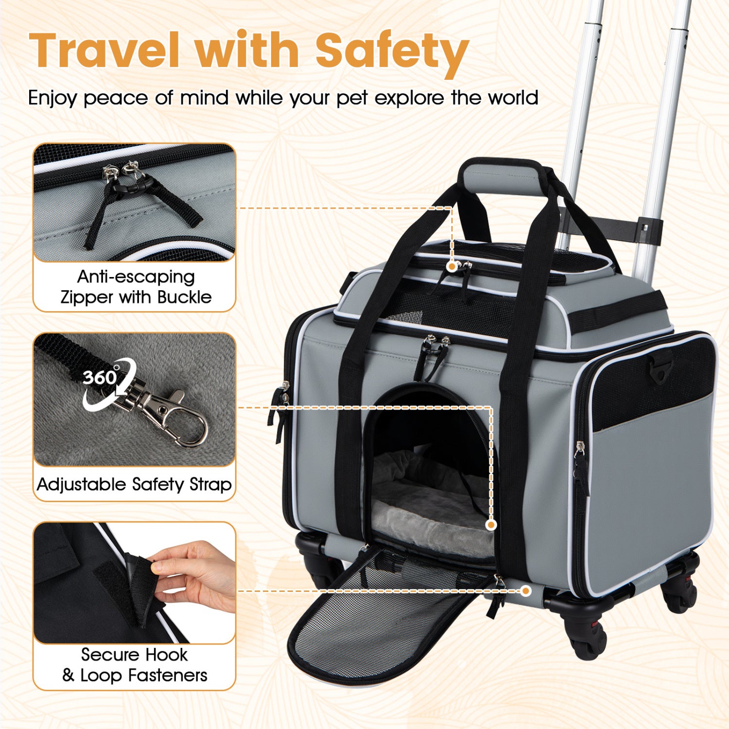 Foldable Pet Carrier with Wheels Airline Approved Rolling Cat and Dog Carrier-Grey, Gray Pets at Gallery Canada