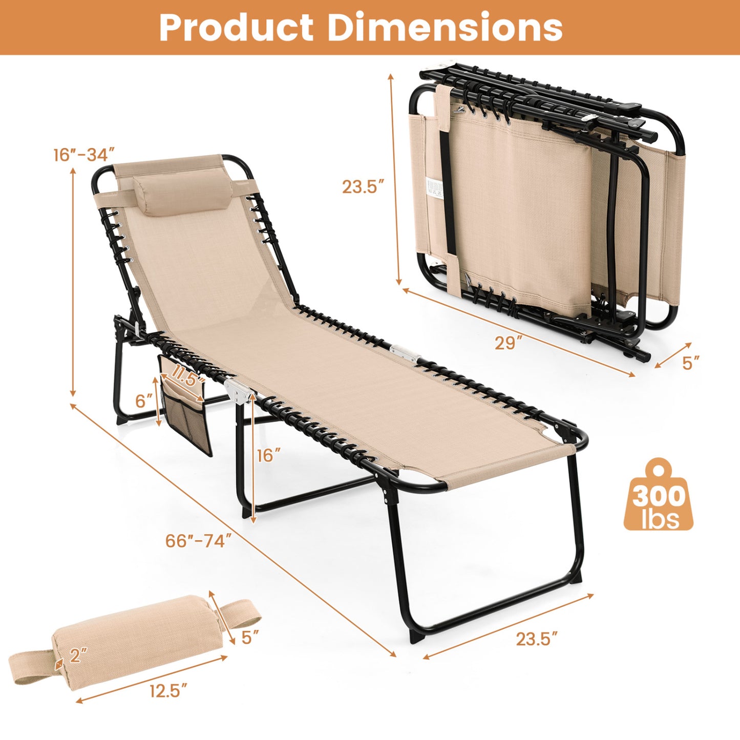 Foldable Recline Lounge Chair, Adjustable Backrest And Footrest, Beige Outdoor Chaise Lounges at Gallery Canada