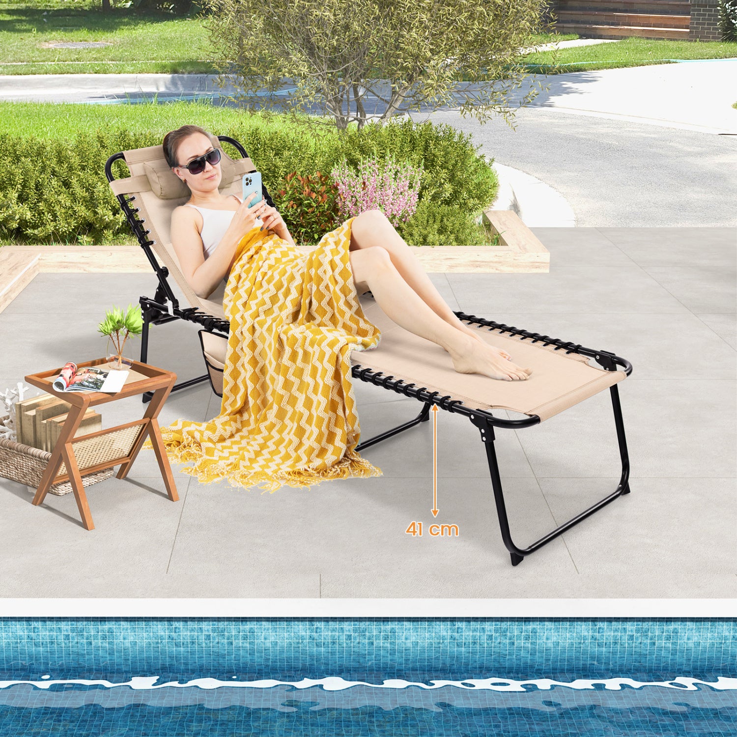 Foldable Recline Lounge Chair, Adjustable Backrest And Footrest, Beige Outdoor Chaise Lounges at Gallery Canada