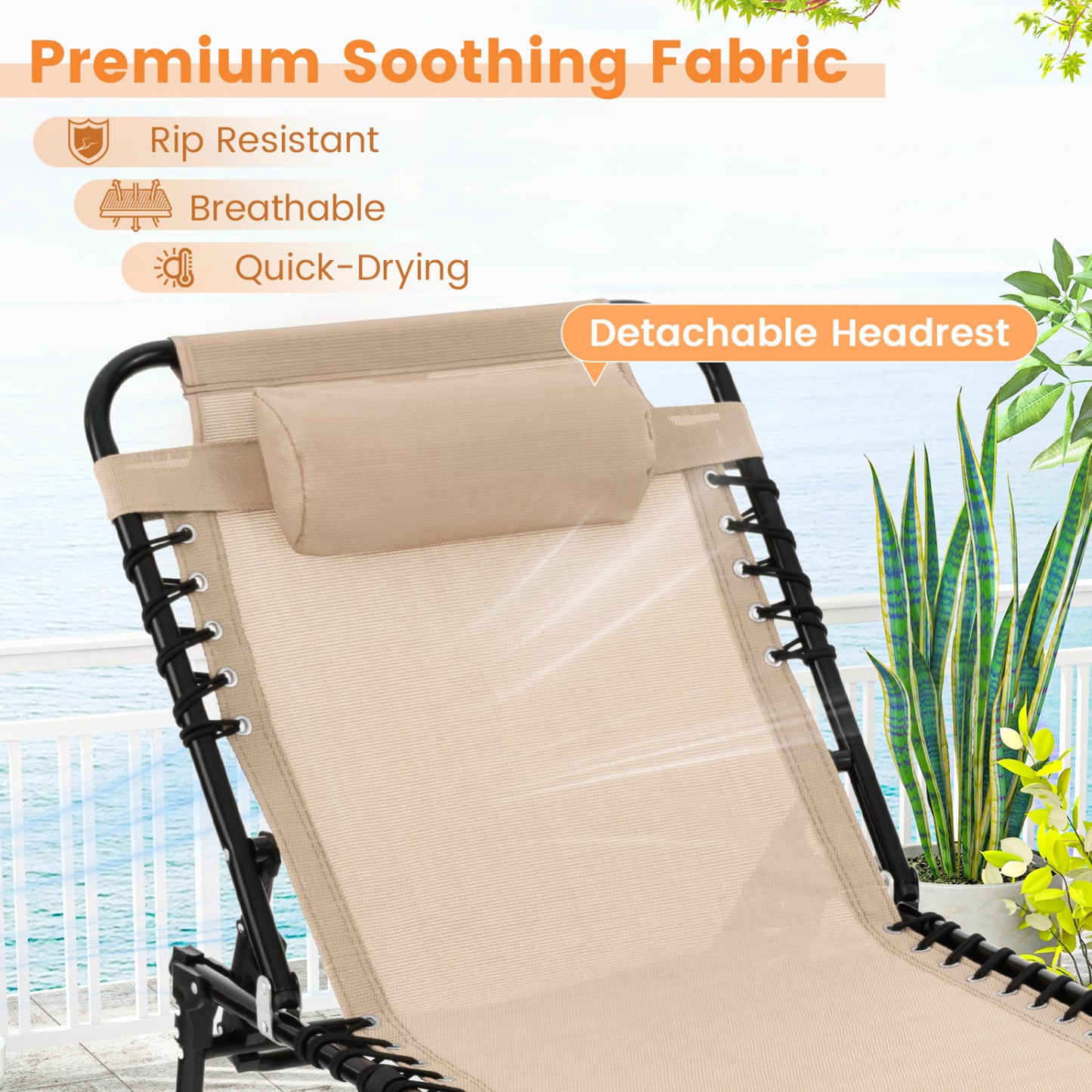 Foldable Recline Lounge Chair, Adjustable Backrest And Footrest, Beige Outdoor Chaise Lounges at Gallery Canada