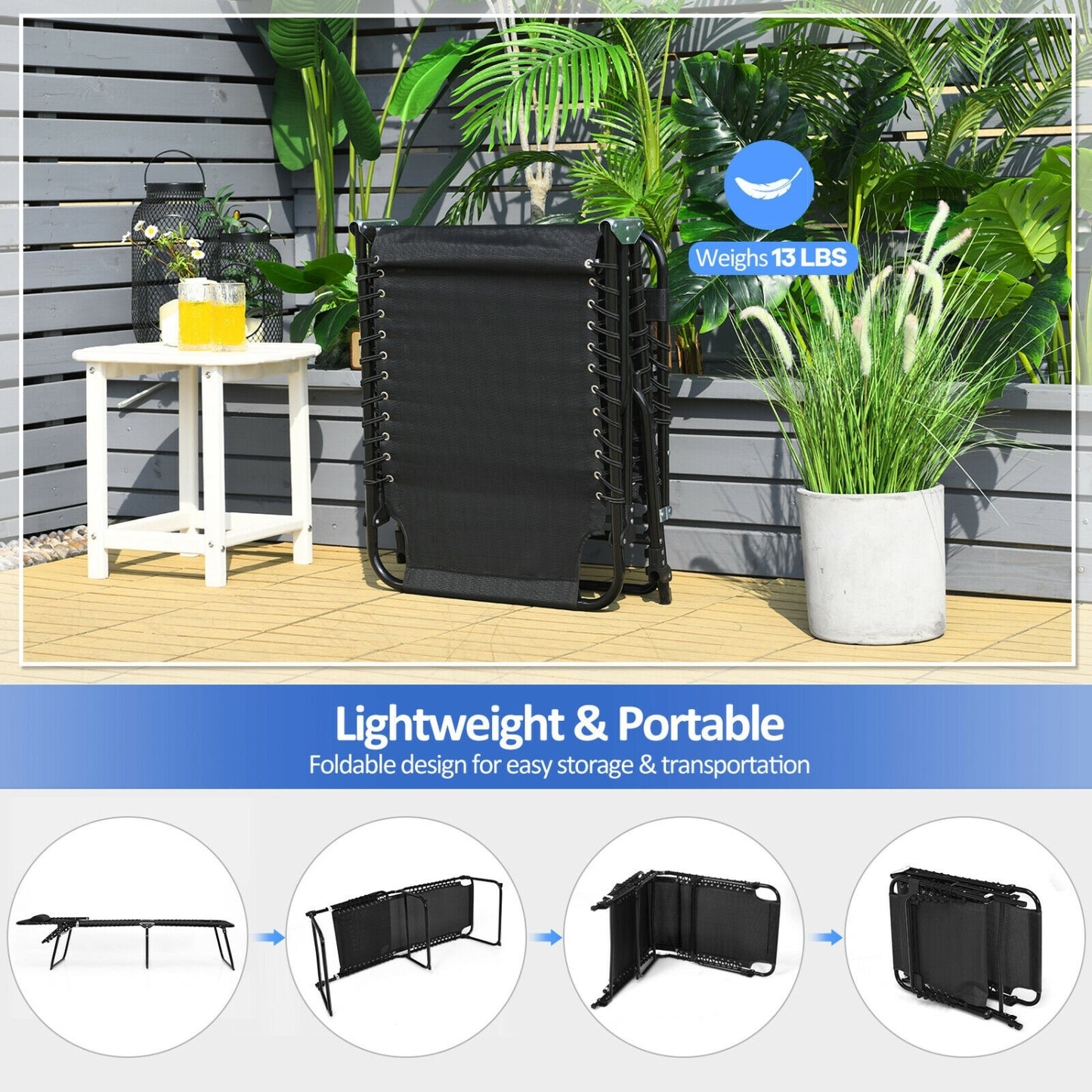 Foldable Recline Lounge Chair, Adjustable Backrest, Footrest, Black Outdoor Chaise Lounges at Gallery Canada