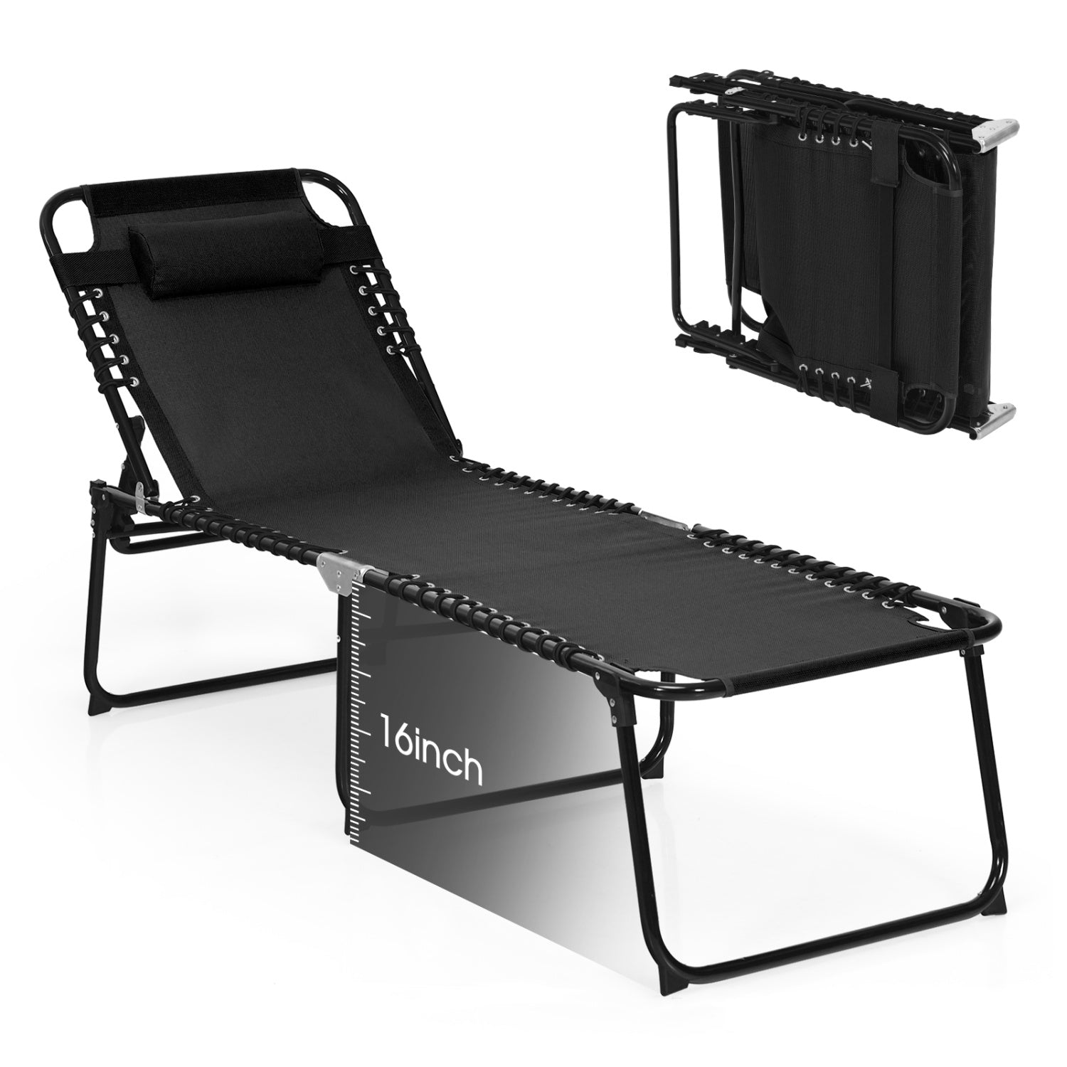 Foldable Recline Lounge Chair, Adjustable Backrest, Footrest, Black Outdoor Chaise Lounges at Gallery Canada