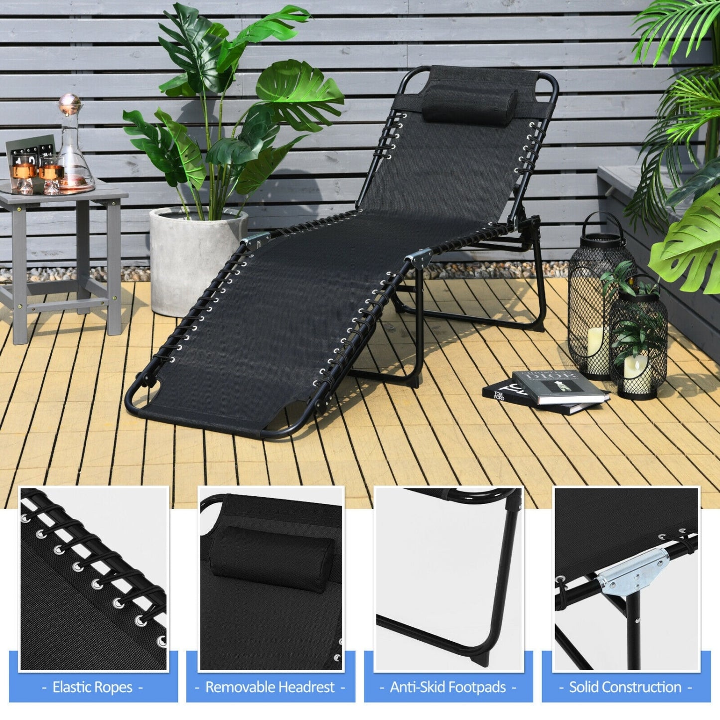 Foldable Recline Lounge Chair, Adjustable Backrest, Footrest, Black Outdoor Chaise Lounges at Gallery Canada