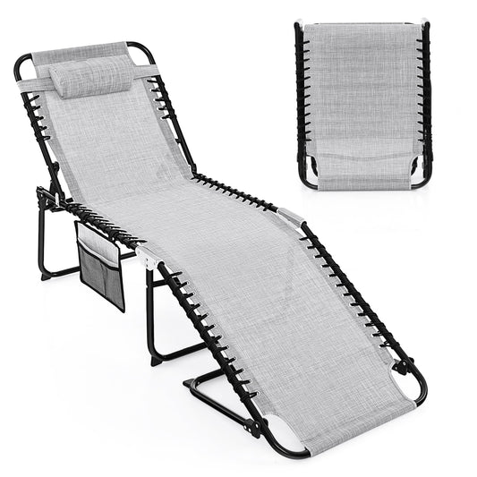 Chaise longue pliable, dossier réglable, repose-pieds, gris