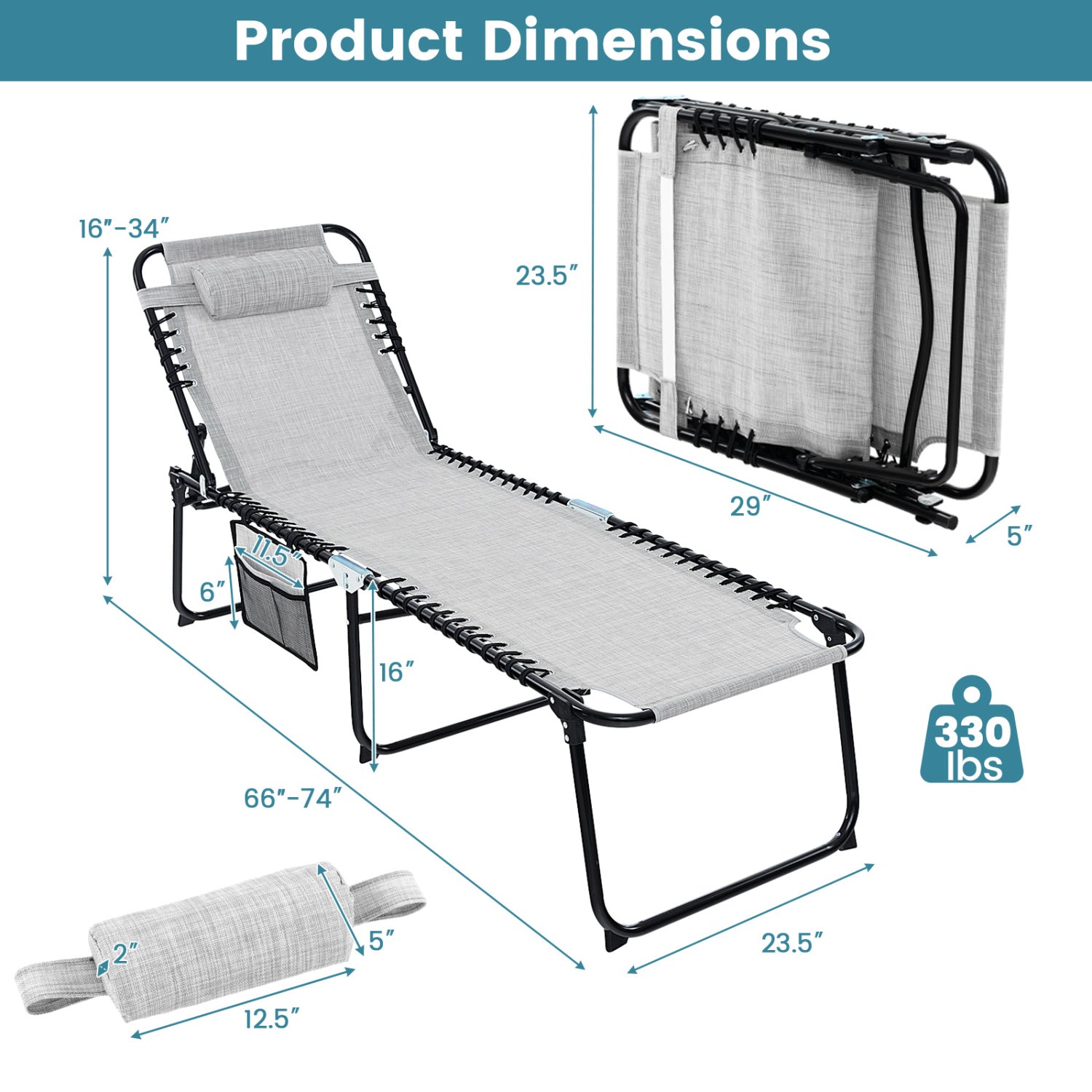 Foldable Recline Lounge Chair, Adjustable Backrest, Footrest, Gray Outdoor Chaise Lounges at Gallery Canada