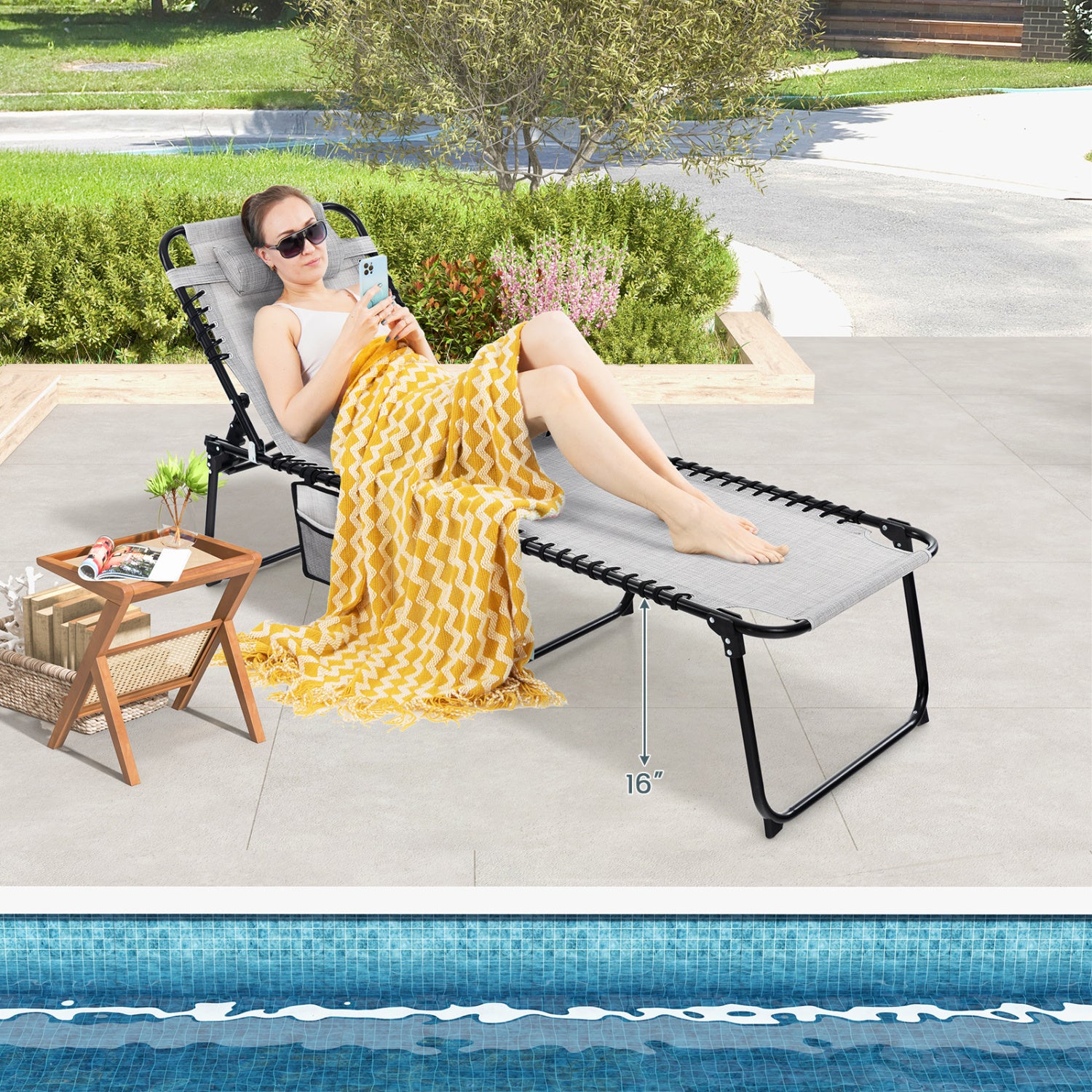Foldable Recline Lounge Chair, Adjustable Backrest, Footrest, Gray Outdoor Chaise Lounges at Gallery Canada