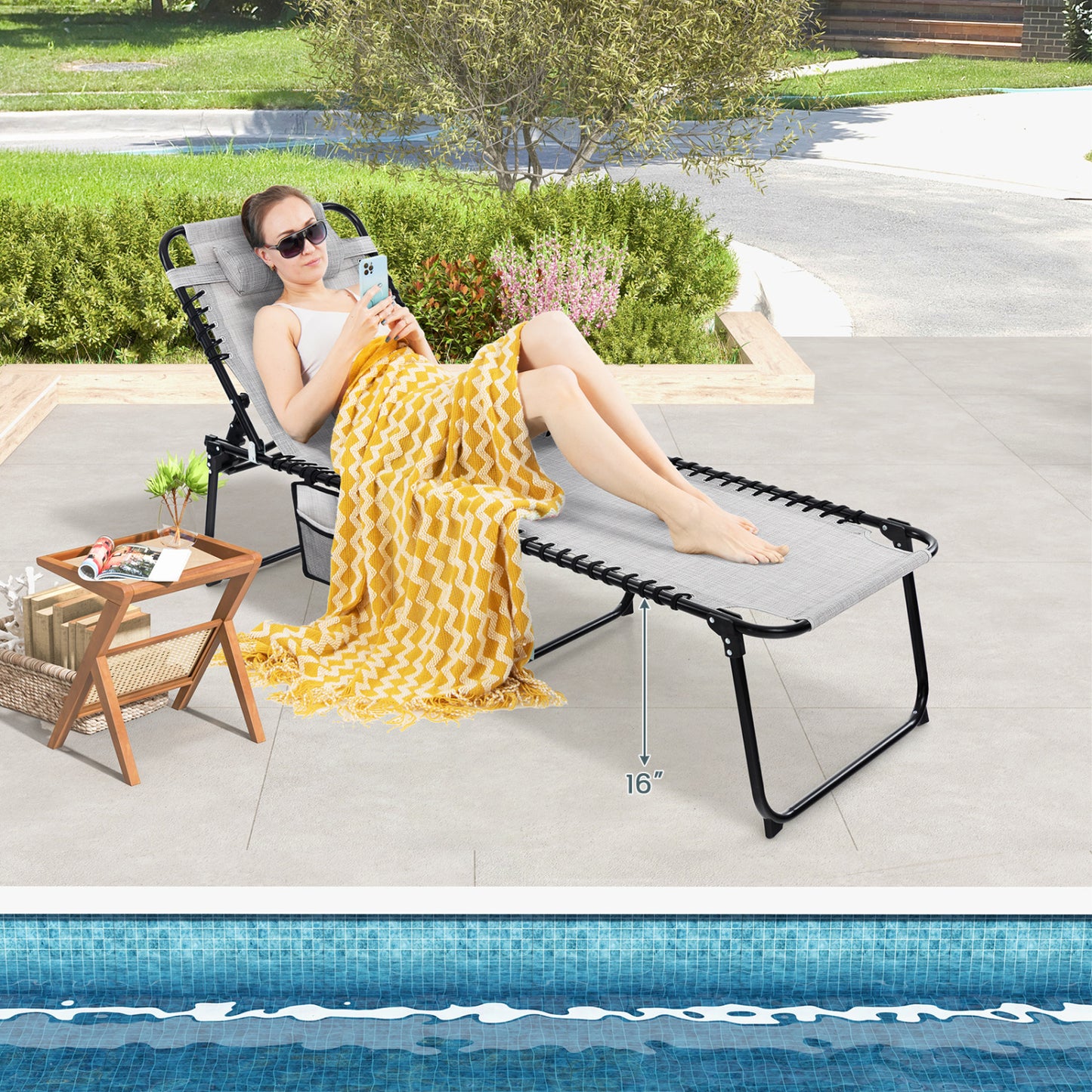 Foldable Recline Lounge Chair, Adjustable Backrest, Footrest, Gray Outdoor Chaise Lounges at Gallery Canada