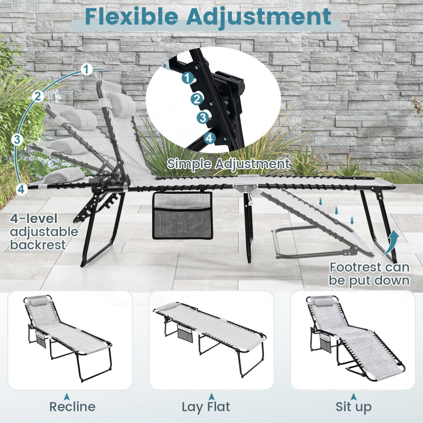 Foldable Recline Lounge Chair, Adjustable Backrest, Footrest, Gray Outdoor Chaise Lounges at Gallery Canada