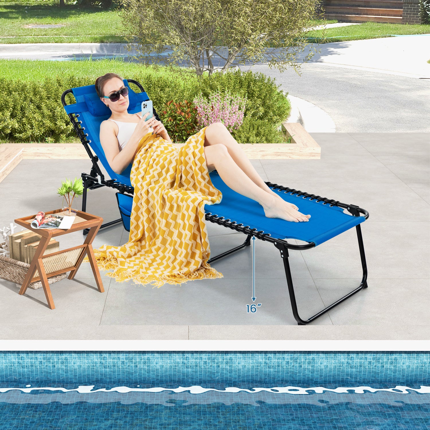 Foldable Recline Lounge Chair, Adjustable Backrest And Footrest, Blue Outdoor Chaise Lounges at Gallery Canada