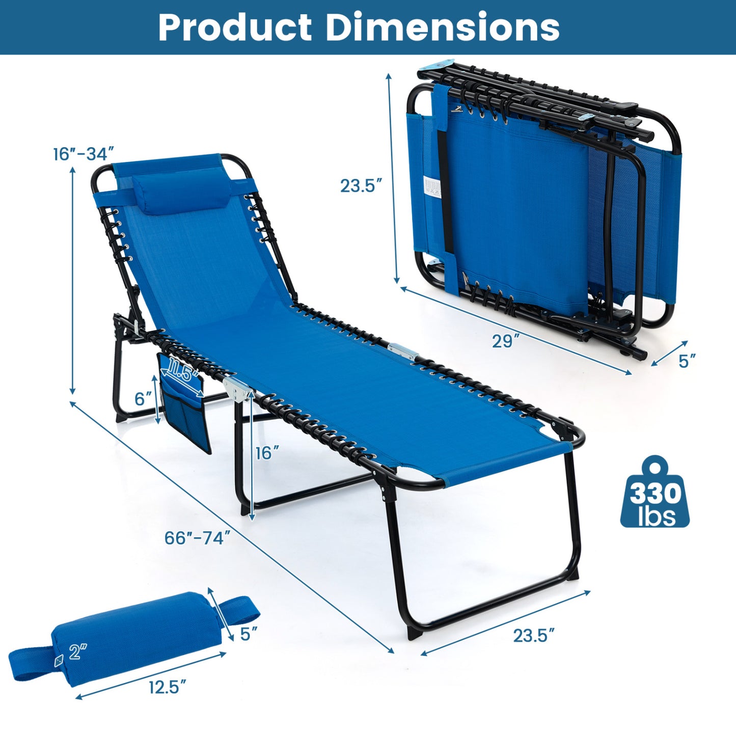 Foldable Recline Lounge Chair, Adjustable Backrest And Footrest, Blue Outdoor Chaise Lounges at Gallery Canada
