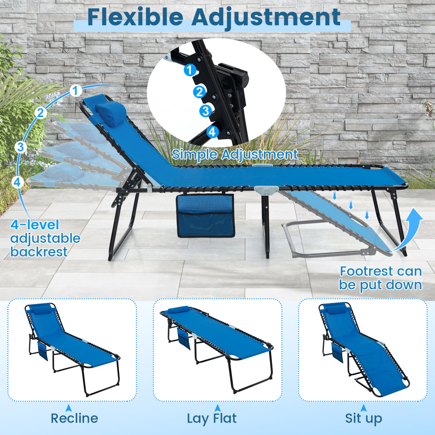 Foldable Recline Lounge Chair, Adjustable Backrest And Footrest, Blue Outdoor Chaise Lounges at Gallery Canada