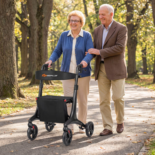Foldable Rollator Rolling Walker with Seat for Seniors, Black Walkers & Rollators Black at Gallery Canada