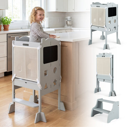 Foldable Toddler Step Stool With Chalkboards, 2-Step, Gray