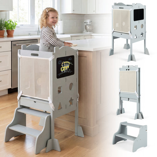 Foldable Toddler Step Stool With Chalkboards, 2-Step, Gray