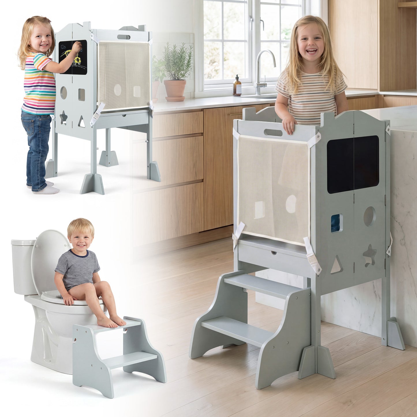 Foldable Toddler Step Stool With Chalkboards, 2-Step, Gray Nursery Furniture at Gallery Canada
