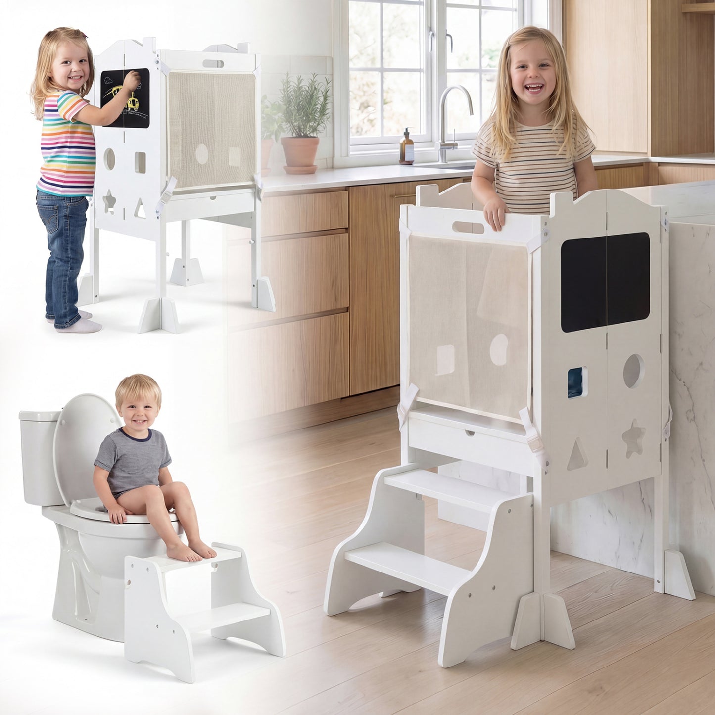 Foldable Toddler Step Stool With Chalkboards, 2-Step, White Nursery Furniture at Gallery Canada