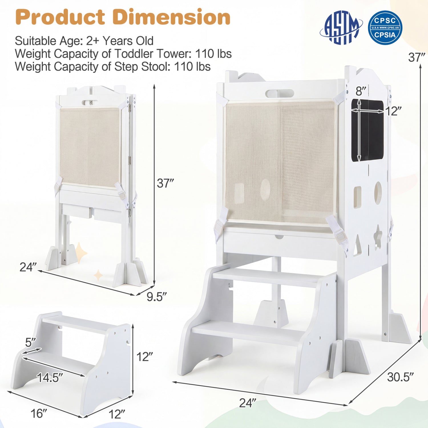 Foldable Toddler Step Stool With Chalkboards, 2-Step, White Nursery Furniture at Gallery Canada
