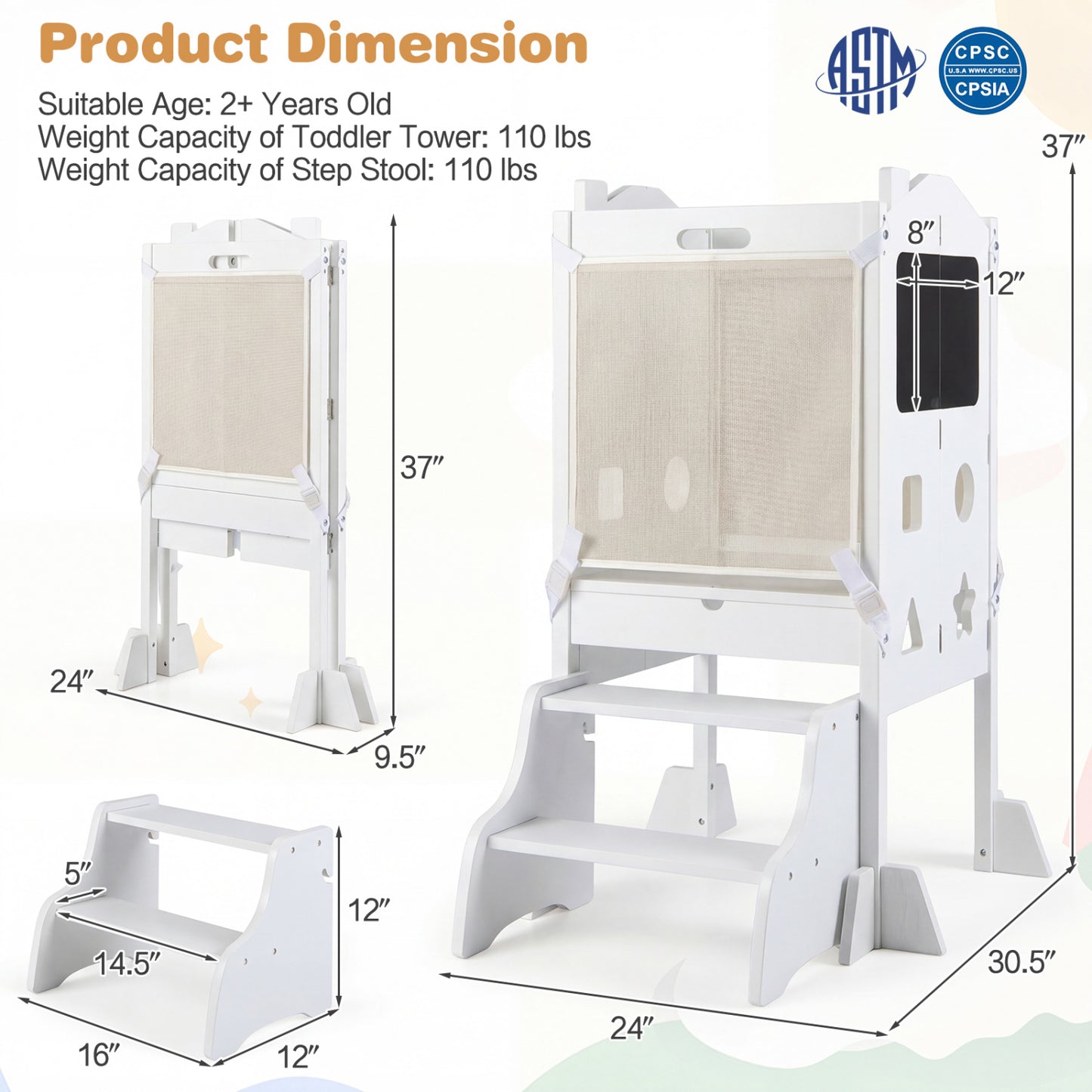Foldable Toddler Step Stool With Chalkboards, 2-Step, White Nursery Furniture at Gallery Canada
