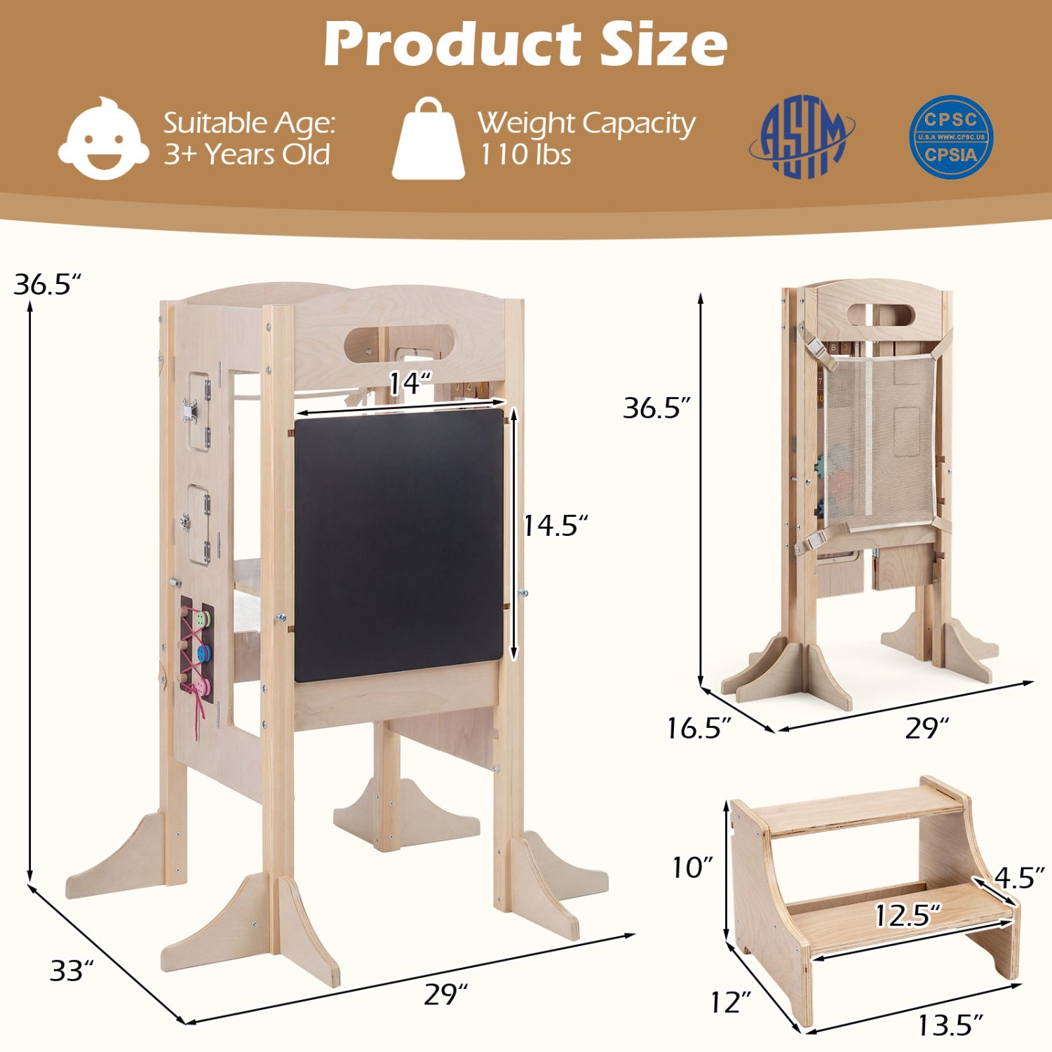 Foldable Toddler Step Stool, Wooden Kitchen Standing Tower, 2-Step Toddler & Kids Furniture at Gallery Canada