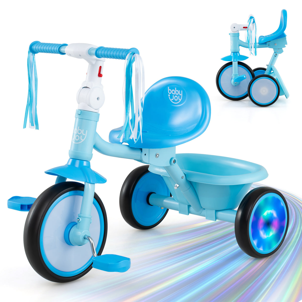 Foldable Toddler Tricycle, Lighting Wheels, Basket, 2-5 Year Old, Blue Push & Pedal Ride On Toys Blue at Gallery Canada