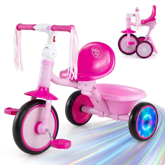 Foldable Toddler Tricycle, Lighting Wheels, Basket, 2-5 Year Old, Pink Push & Pedal Ride On Toys Pink at Gallery Canada
