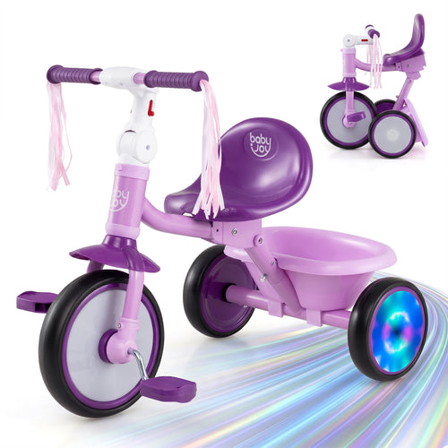 Foldable Toddler Tricycle, Lighting Wheels, Basket, 2-5 Year Old, Purple