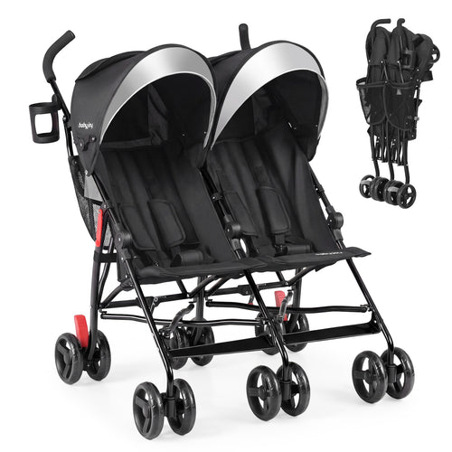 Foldable Twin Baby Stroller, Ultralight Umbrella, Black