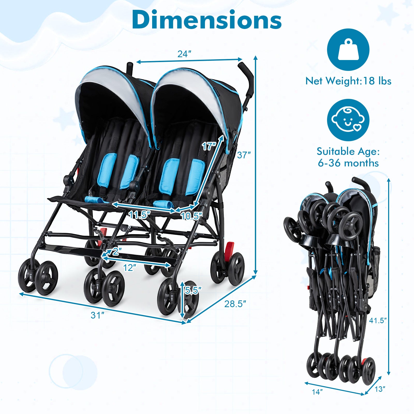 Foldable Twin Baby Double Stroller Ultralight Umbrella Kids Stroller, Navy Baby Strollers at Gallery Canada