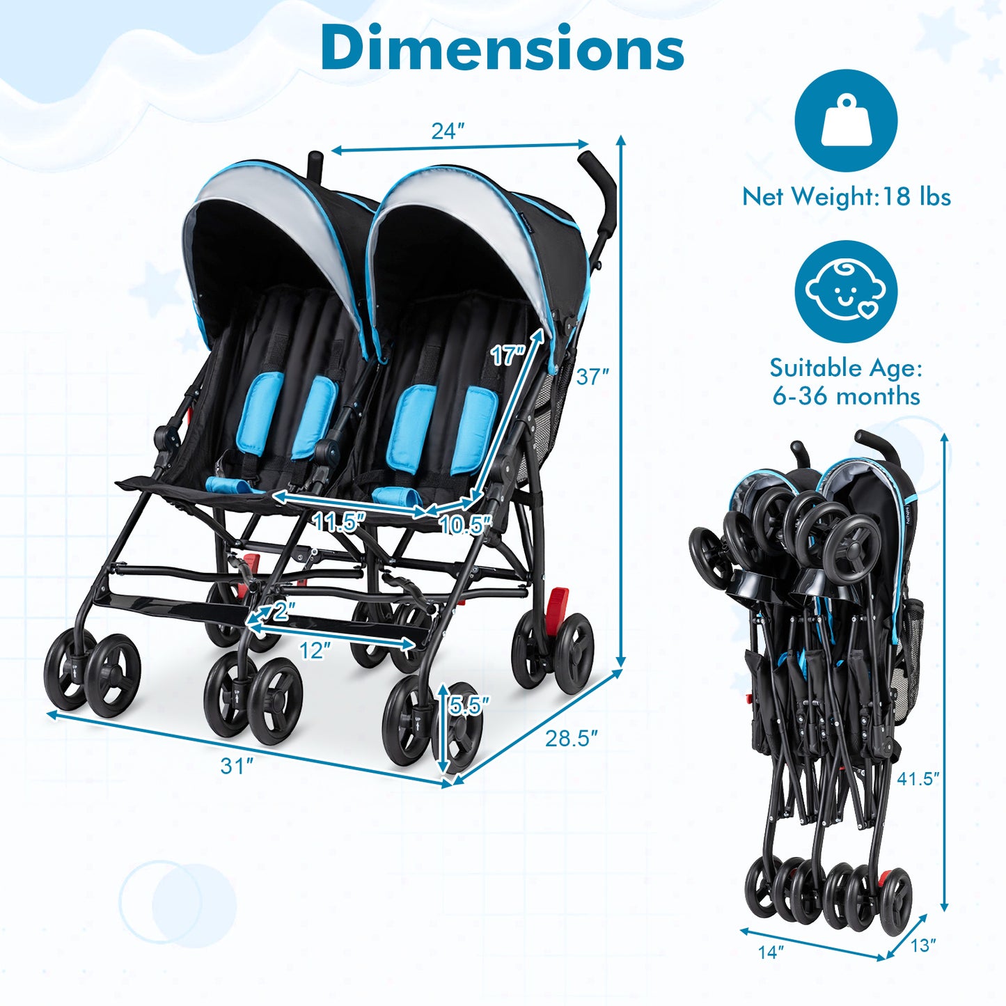 Foldable Twin Baby Double Stroller Ultralight Umbrella Kids Stroller, Navy Baby Strollers at Gallery Canada