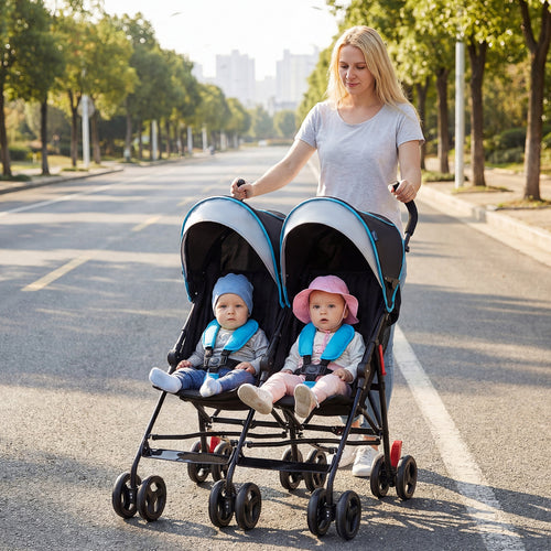 Foldable Twin Baby Double Stroller Ultralight Umbrella Kids Stroller, Navy