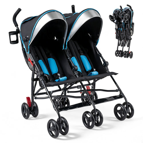 Foldable Twin Baby Double Stroller Ultralight Umbrella Kids Stroller, Navy