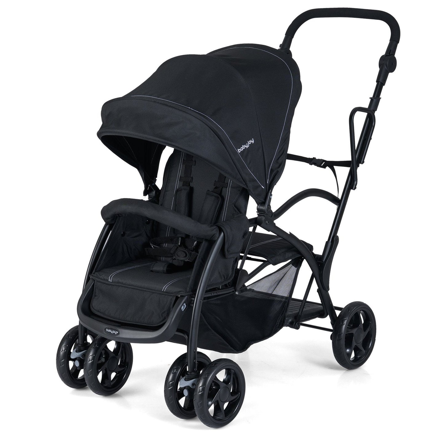 Foldable Twin Tandem Stroller Sit and Stand Double Stroller with Adjustable Handle Bar, Black Baby Strollers Black at Gallery Canada