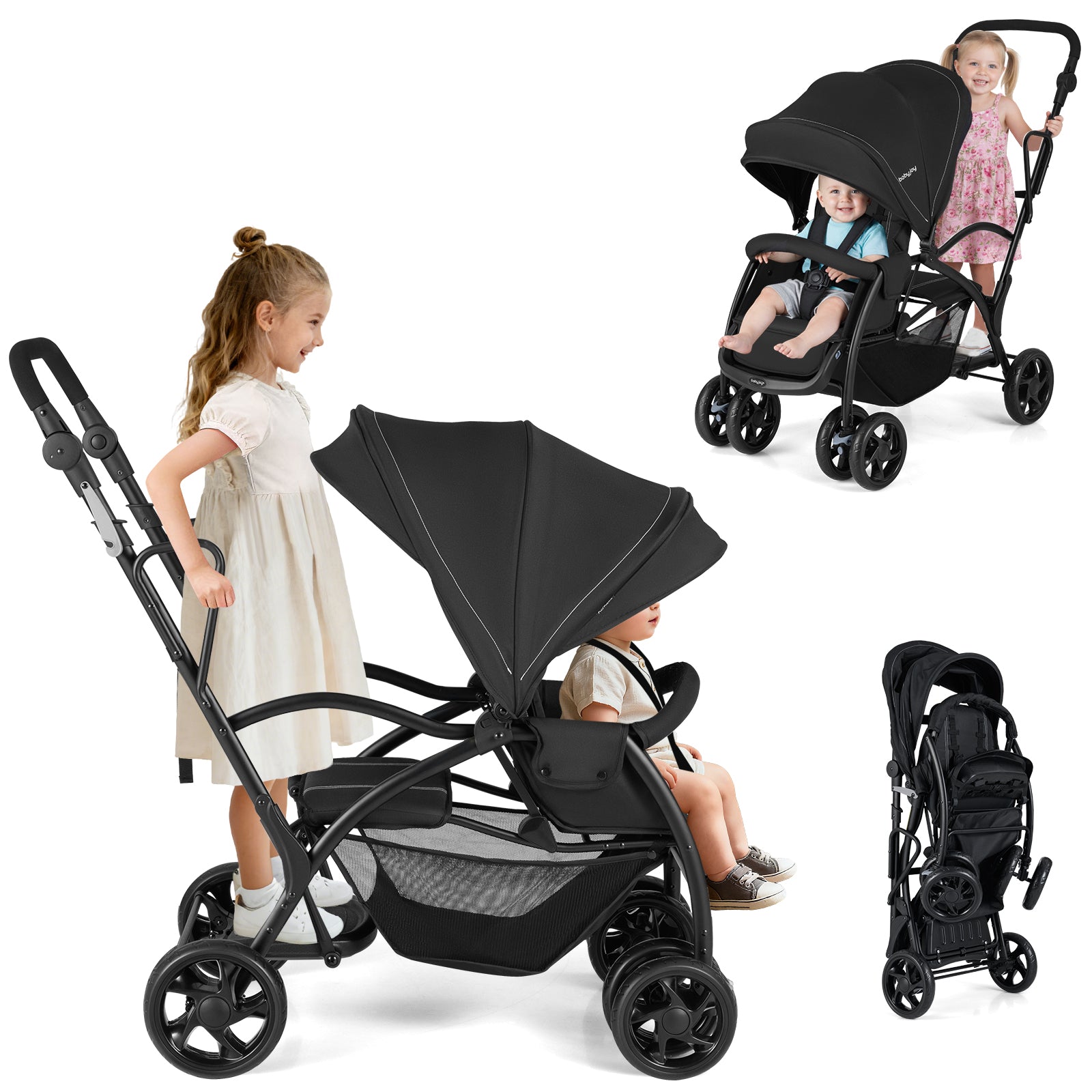 Foldable Twin Tandem Stroller, Sit And Stand, Adjustable Handle Bar, Black Baby Strollers at Gallery Canada